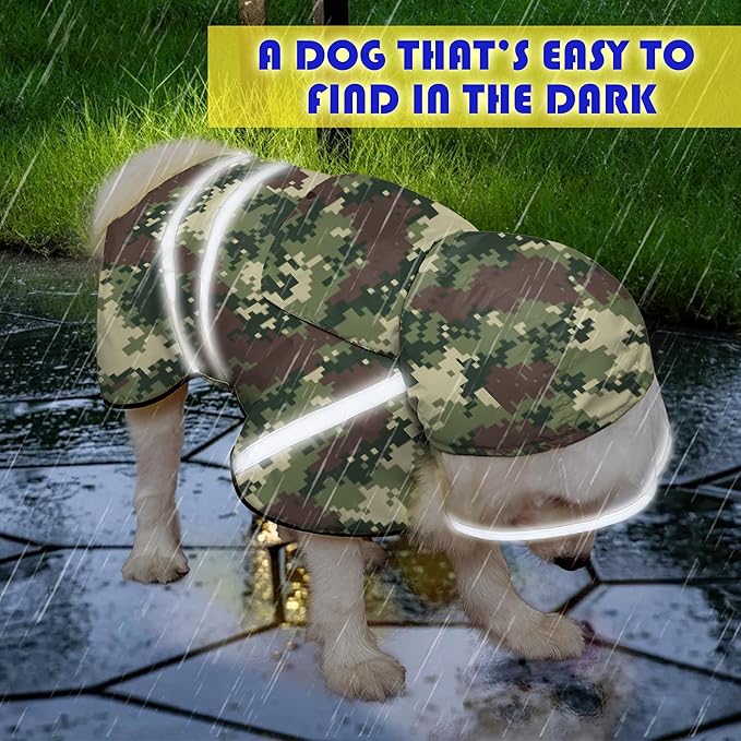 Dog Raincoat, Adjustable Rain Jacket with Hooded Double Layer for Large Medium Small Dogs Puppies, Lightweight Waterproof Rain Coat Poncho with Reflective Stripe Mosaic Camouflage Green,S