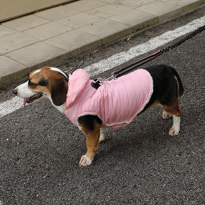 Fleece Lining Dog Hoodie with Harness Built in,Extra Warm Small Dog Jacket in Winter Puppy Coats with Drawstring Hooded,Light Pink XS