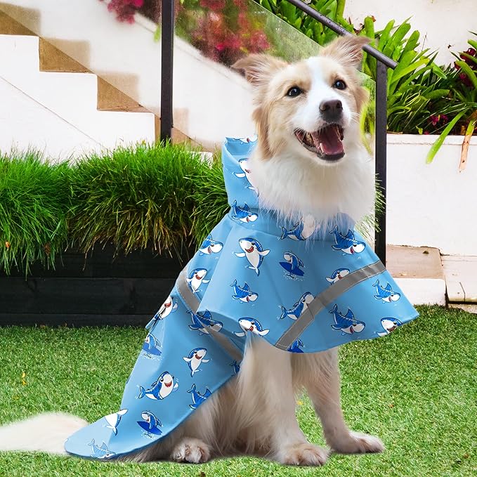 NACOCO Large Dog Raincoat Adjustable - Pet Shark Water Proof Clothes Lightweight Rain Jacket Poncho Hoodies with Strip Reflective Blue (M, Blue Shark)