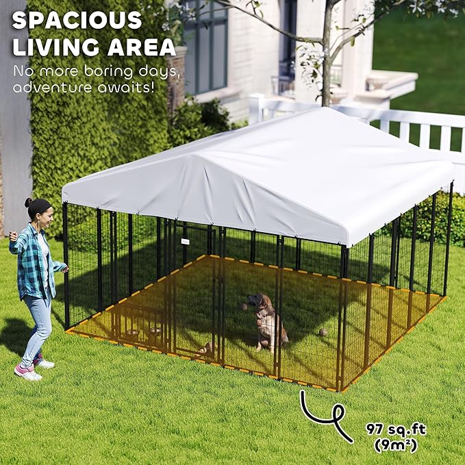 PawHut 10' x 10' x 6.8' Outdoor Dog Kennel, Welded Wire Dog Kennel Outside Run with 360° Rotating & 4 Level Adjustable Bowls, Waterproof & UV Resistant Cover, for S&M&L Breeds, Chickens, Ducks, Silver