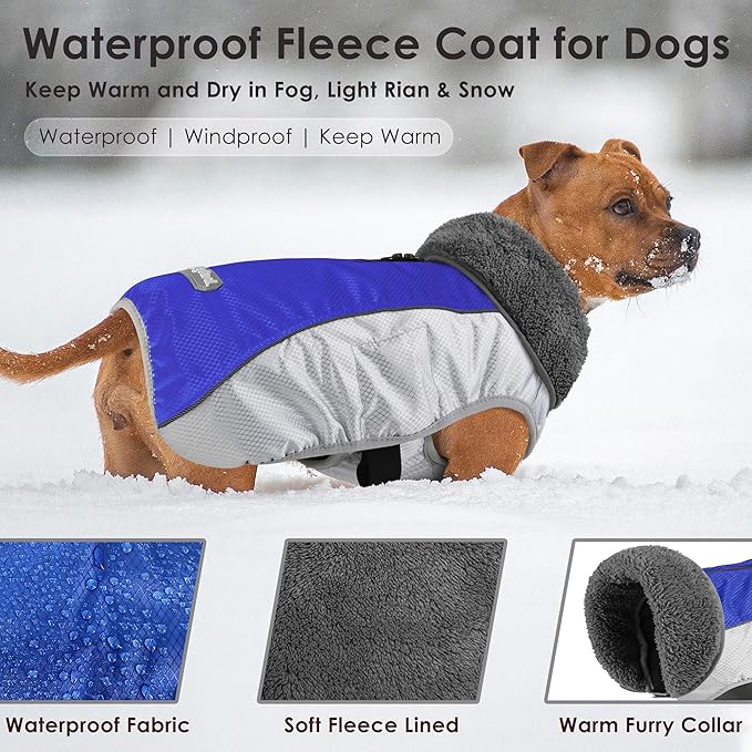 Dog Coat, Waterproof Ripstop Dog Winter Jacket with Leash Hole, Reflective Adjustable Warm Pet Fleece Snow Sweater for Small Medium Large Dogs - Blue, S