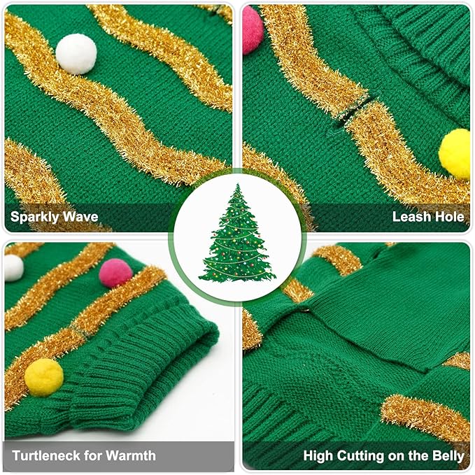 cyeollo Dog Sweater Dog Christmas Sweaters with Leash Hole Glitter Turtleneck Holiday Dogs Winter Clothes for Cold Weather Pet Sweaters for Small Dogs