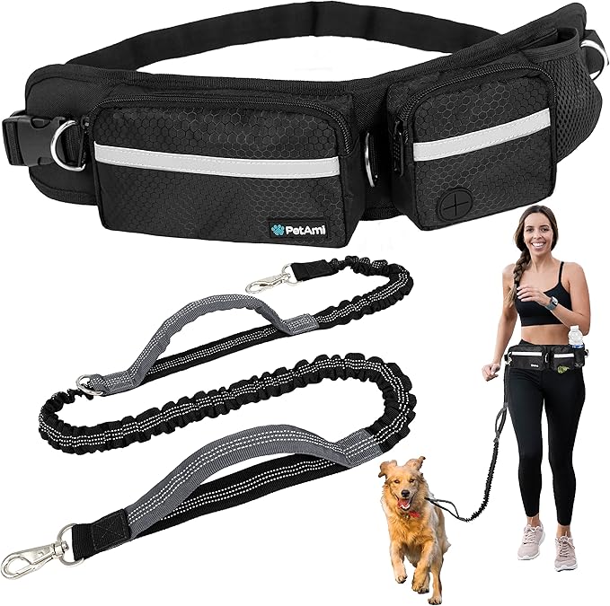 PetAmi Hands Free Dog Leash, Dog Running Leash Belt Bag for Walking, Jogging, Dog Waist Double Zipper Pouch with Poop Bag Dispenser, Dual Padded Handles Reflective Bungee Leash, Single (Black)