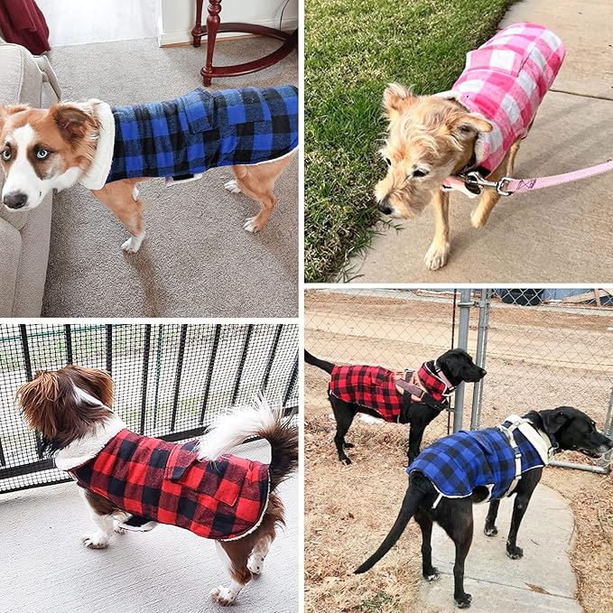 Malier Plaid Fleece Dog Coat Jacket with Pocket - Windproof Warm Winter Pet Apparel for Small, Medium, Large Dogs (Blue, Small)