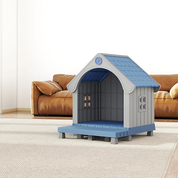 Dog House Outdoor Indoor Weatherproof for Small Medium Dogs, Durable Plastic Pet House with Porch, Sloping roof and Elevated Floor, Easy Cleaning and Assemble(Blue, 32.95"L×31.5"W×37.88"H)