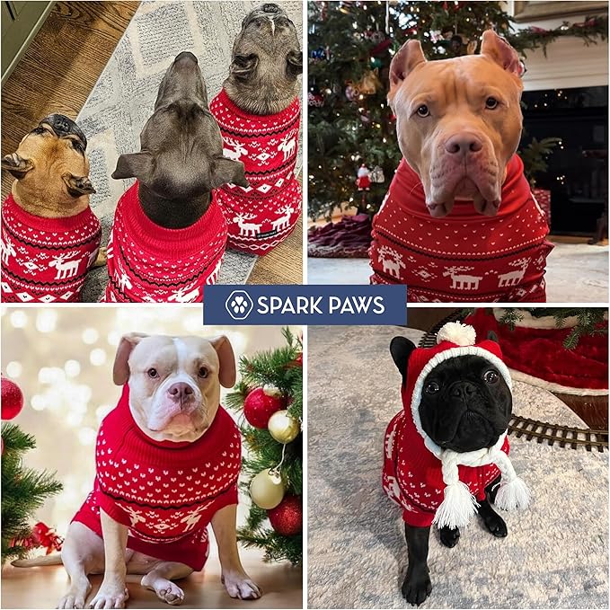 Spark Paws Christmas Dog Sweater – Ultra Soft Holiday Knit Sweater for Small, Medium & Large Dogs, Cute Pet Sweater for French Bulldogs & Big Dogs, Easy Potty V Cut Design Jacket - (Dasher Red,XL)