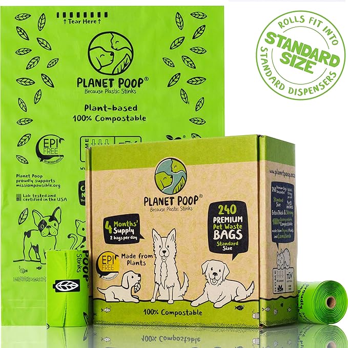 PLANET POOP Home Compostable Dog Poop Bags on Refill Rolls, 240 Un-Scented Pet Waste Bags, Thick Leakproof Plant-Based Doggy Bag, Cat & Dogs Supplies