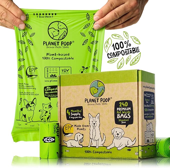 PLANET POOP Home Compostable Dog Poop Bags on Refill Rolls, 240 Un-Scented Pet Waste Bags, Thick Leakproof Plant-Based Doggy Bag, Cat & Dogs Supplies