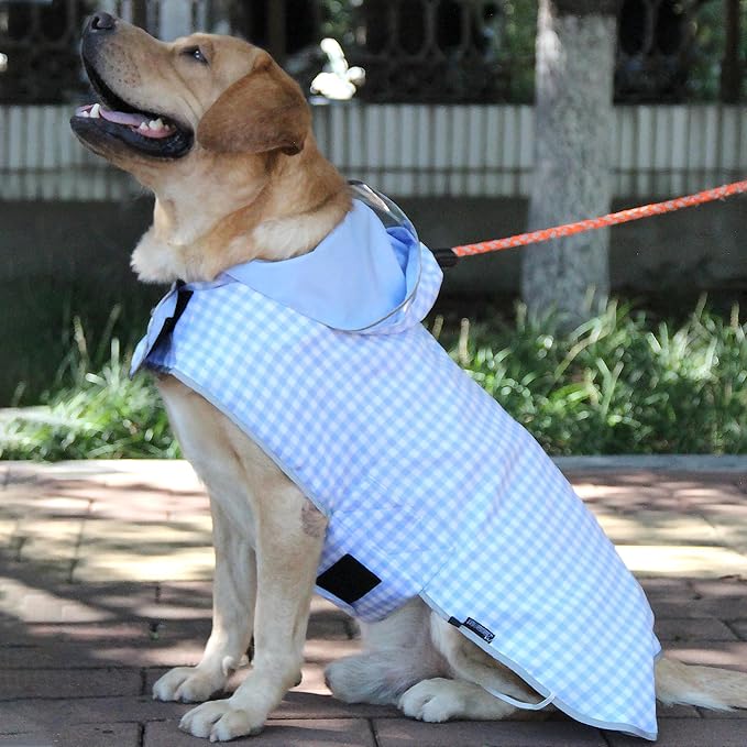 MAMORE Dog Raincoat Reversible,Waterproof Dog Rain Coat Hooded Slicker Poncho with Reflective Strip, Plaid Double Layer Rain Jacket for Small Medium Large Dogs (Light Blue, Small)