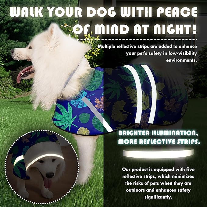 Dog Raincoat, Adjustable Rain Jacket with Hooded Double Layer for Large Medium Small Dogs Puppies, Lightweight Waterproof Rain Coat Poncho with Reflective Stripe Leaf Blue,XXL