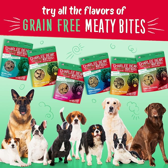 Charlee Bear Grain Free Meaty Bites Freeze Dried Dog Treats with Probiotics, Puppy Training Snacks, Soft Dog Bites Beef Liver with Apple, 2.25 oz Bags (2), Made USA