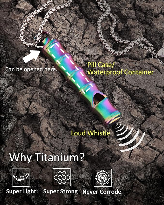 Titanium Pill Holder Necklace for Men Women Emergency Whistle Mini Keychain Nitro Pill Case with Loud Whistles EDC Safety Backpacking Survival Hiking Camping Pets Training