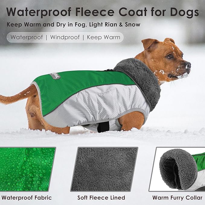 Dog Coat, Waterproof Ripstop Dog Winter Jacket with Leash Hole, Reflective Adjustable Warm Pet Fleece Snow Sweater for Small Medium Large Dogs - Green, 2XL