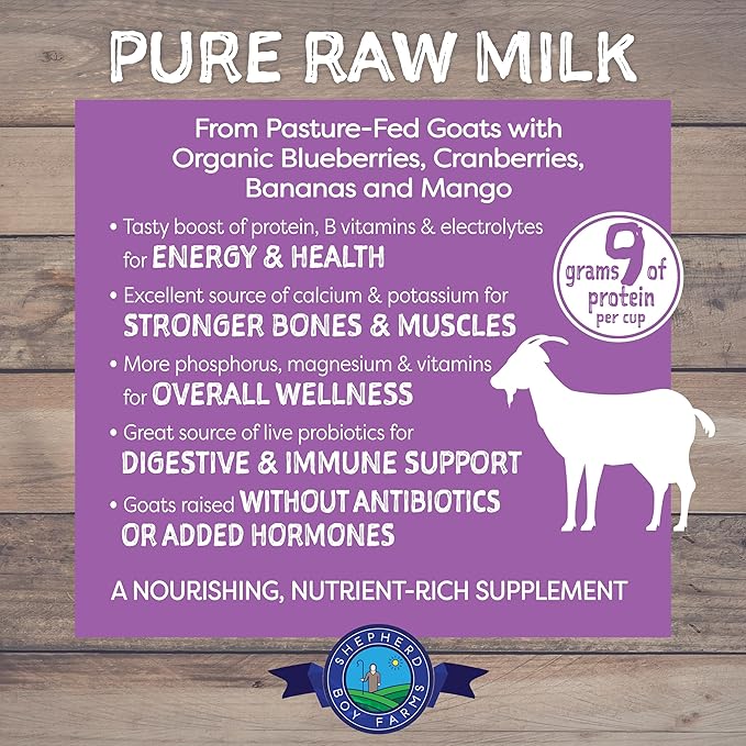 Shepherd Boy Farms Freeze Dried Raw Goats Milk with Probiotics for Dogs & Cats (Super Fruits), Organic USA Fruits, Digestible Goat Milk Powder, Raw Nutrition, High Protein Food Topper - Makes 16 FL Oz