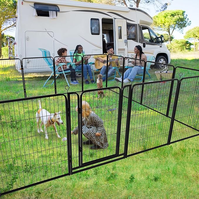 Dog Playpen Outdoor Extra Wide 12 Piece Panels Heavy Duty Anti-Rust Coating-Strengthened Dog Fence 40" Height with Doors Portable for RV Camping Yard, Total 32FT, 79 Sq.ft, Snowy Black