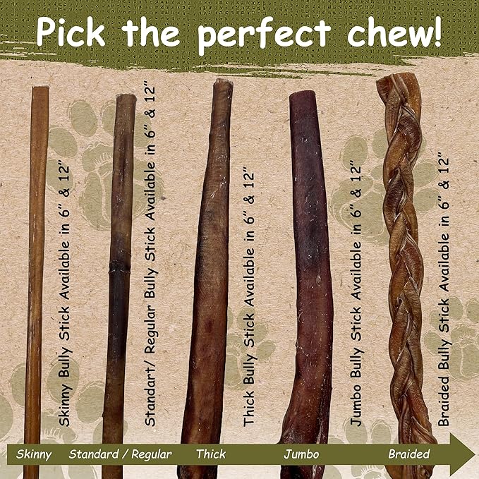 Top Dog Chews - 12 Inch Standard 12 Pack Bully Sticks, Long Lasting, 100% Natural Beef, Free Range Grass Fed, High Protein, Supports Dental Health Dog Treat, 12 Pack