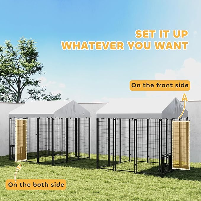 PawHut 6' x 6' x 6' Outdoor Dog Kennel, Welded Wire Dog Kennel Outside Run with 360° Rotating & 4 Level Adjustable Bowls, Waterproof & UV Resistant Cover, for S&M&L Breeds, Chickens, Ducks, Silver