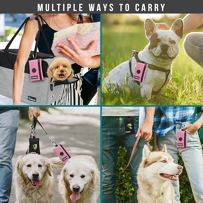 PetAmi Dog Poop Bag Holder for Leash, Dog Waste Bag Dispenser with Clip, Doggy Walking & Camping Accessories with Trash Bag Roll, Pink 1 Pack