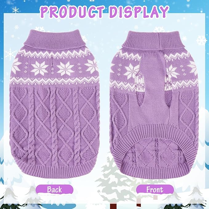 Warm Winter Pink Dog Sweater - Cold Weather Pet Clothes for Small Medium Large Dogs Indoor Outdoor, Soft Classic Knit Puppy Apparel Coat, Purple, XS