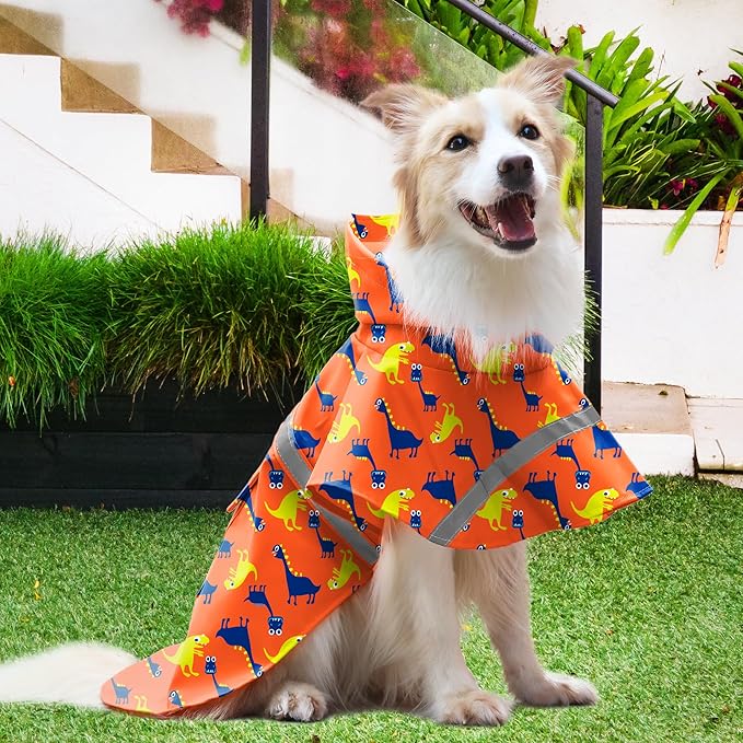 NACOCO Large Dog Raincoat Adjustable - Pet Dinosaurs Water Proof Clothes Lightweight Rain Jacket Poncho Hoodies with Strip Reflective Blue (XL, Orange Dinosaur)