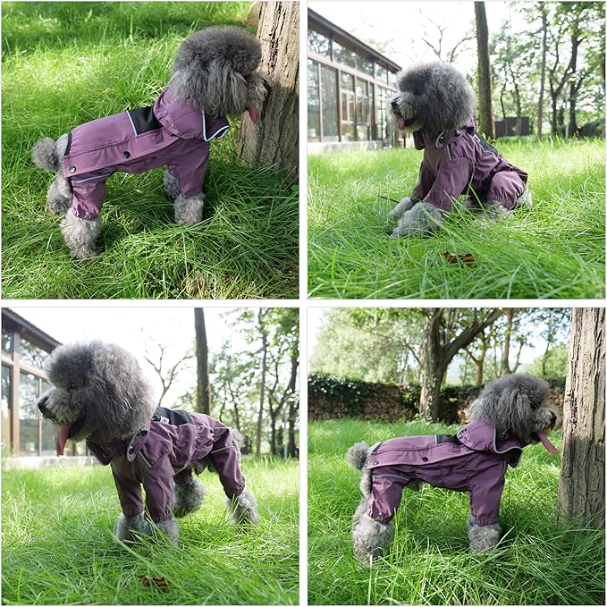 LOVELONGLONG Waterproof Dog Raincoat with Removable Hood – Outdoor Full Body Dog Jacket, Windproof Snowproof Shell Suit – All Season Pet Rain Gear Plum Purple L