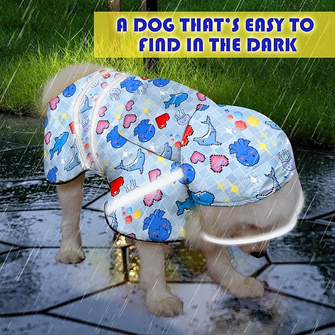 Dog Raincoat, Adjustable Rain Jacket with Hooded Double Layer for Large Medium Small Dogs Puppies, Lightweight Waterproof Rain Coat Poncho with Reflective Stripe Ocean Dolphin Blue,S