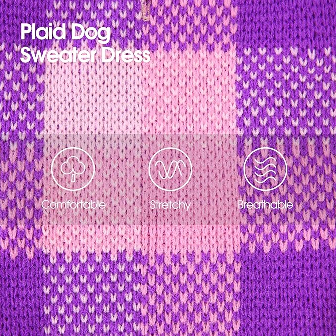 Dog Sweater Dress Plaid Knitwear for Small Medium Dogs Warm Puppy Pet Turtleneck Stretch Pullover Cute Fall Winter Vest Clothes with Leash Hole for Christmas (Purple, S)