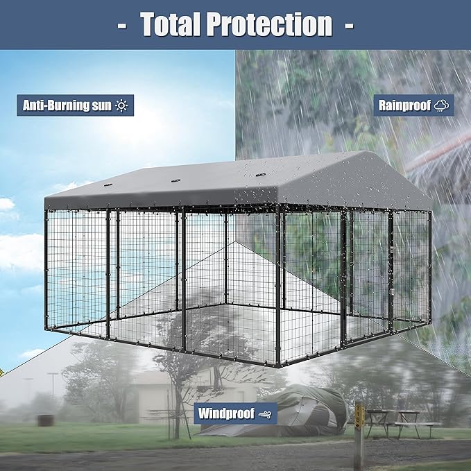 Large Dog Kennel with Roof, Outdoor Heavy Dog Cage for Big Dogs, 118x118x70.9 Galvanized Dog Fence Pen with Double Secure Locks，Weatherproof ，for Large Dogs