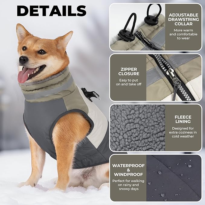 Dog Coat, Waterproof Dog Winter Jacket with Harness Built in, Turtleneck Warm Doggie Cold Weather Coats, Reflective Pet Vest for Indoor & Outdoor, Windproof Dogs Snowsuit, Grey Large