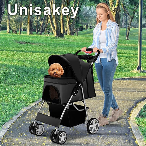 4 Wheels Pet Stroller for Small Medium Dogs Cats 10-33 lbs, Foldable Dog and Cat Stroller with Cup Holder & Storage Basket & Breathable Mesh, Pet Strolling Cart for All-Season, Black
