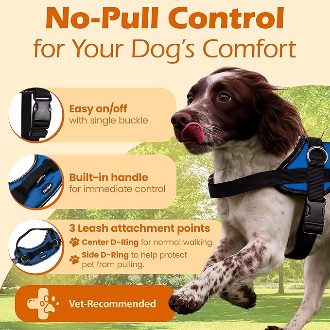 Bark Appeal Blue No-Pull Dog Harness for Large to Extra Large Sized Pets – Adjustable, Reflective Vest with 3 Leash Clips for Added Control, Easy Walks & Training – XL