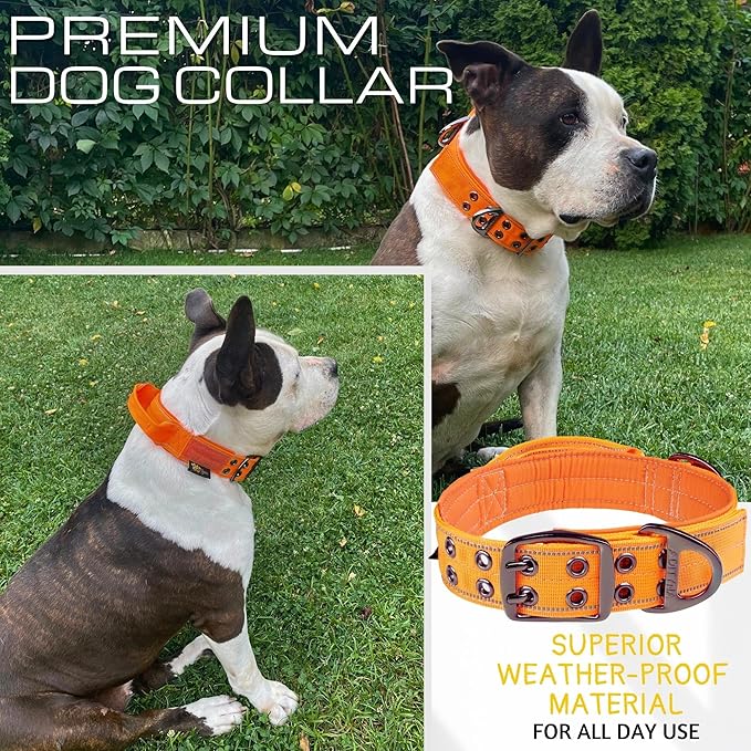 ADITYNA Heavy Duty Dog Collar for Extra-Large Dogs - Reflective Orange Collar with Handle for Training, and Walking - Wide, Thick, Tactical, Soft Neoprene Padded