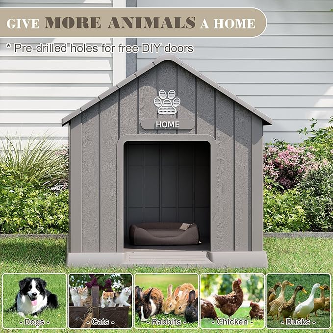 Dog House for Outdoor & Indoor Use with Window, Waterproof Ventilated Kennel with Elevated Floor, Easy to Clean Shelter for Small Medium Large Dogs (Grey, 37.2" L x 40" W x 40" H)