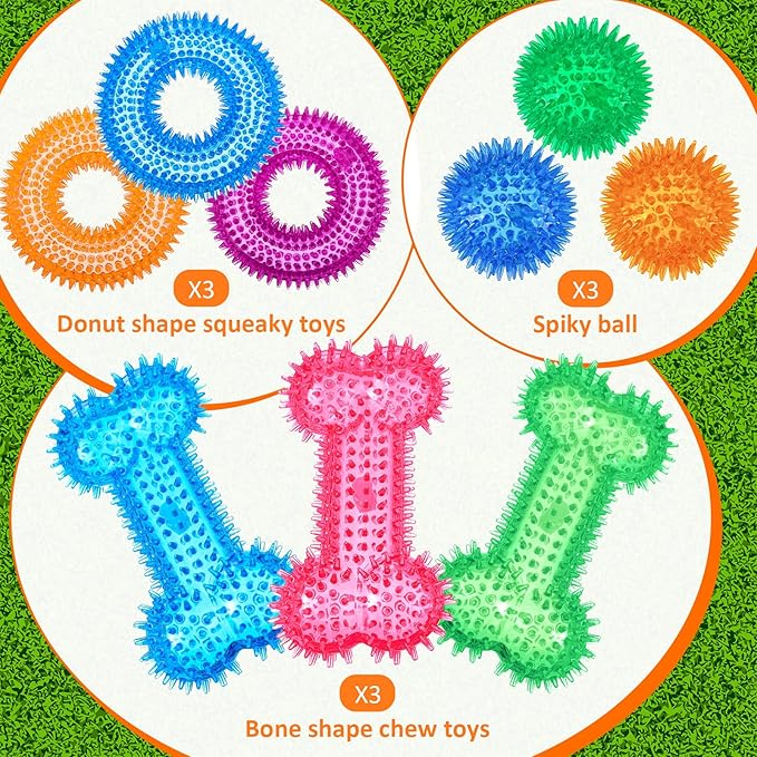 Yunsailing 9 Pcs Dog Squeaky Toys Set, Dog Squeaky Balls Bone Shape Teething Toys Donut Shape Balls for Small Puppy Medium TPR Rubber Pet Chew for Training Fetching Teething