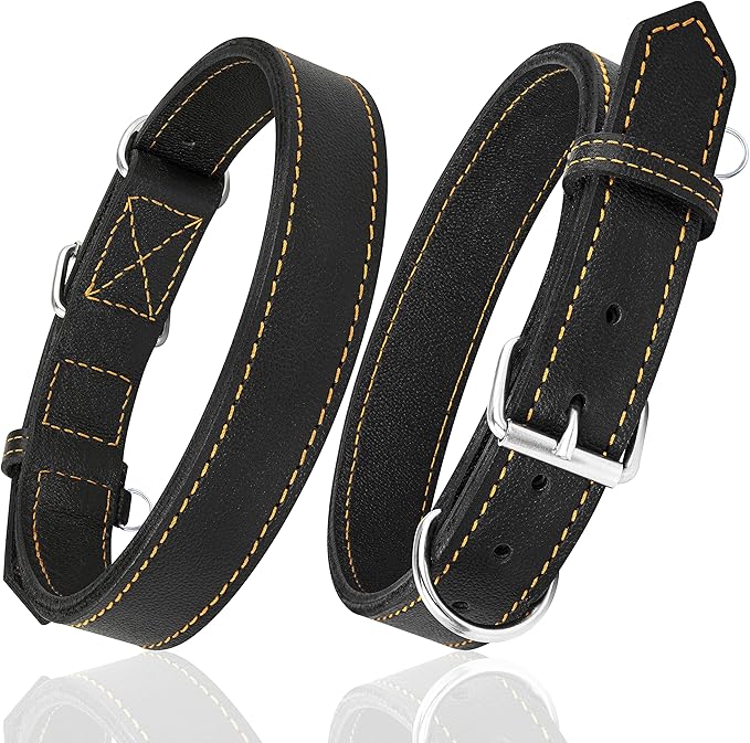 Riparo Dog Collar - Genuine Leather Dog Collars - Heavy Duty Dog Collar for Medium Large and Extra Large Dog Breeds (XXL: 1.75” Wide for 26” - 31” Neck, Black/Orange Thread)