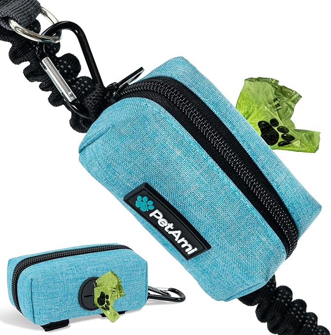 PetAmi Dog Poop Bag Holder for Leash Attachment, Doggie Zipper Pouch Soft Fabric Poop Bag Carrier, Dog Pet Waste Bag Dispenser with Carabiner Clip, 1 Roll of Dog Trash Bag (Blue, 1 Pack)