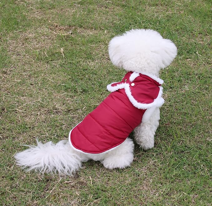 Shawl Design Fleece Lined Warm Dog Jacket for Puppy Winter Cold Weather,Soft Windproof Small Dog Coat,Red S