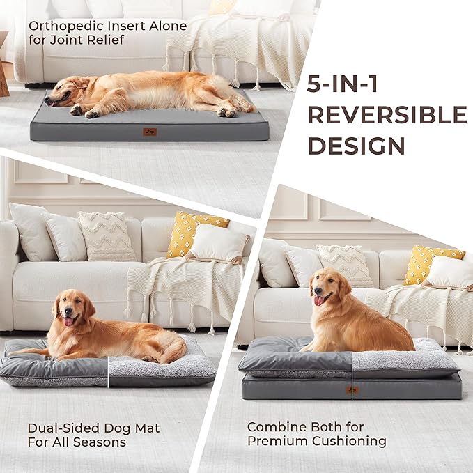 Orthopedic Dog Bed for Ctrate, Waterproof PillowTop Pet Bed for Medium Large Size Dogs, Egg-Crate Foam Dog Crate Mat with Removable Washable Cover, 2-Layers Kennel Pad 55"L x 42"W, Dark Grey