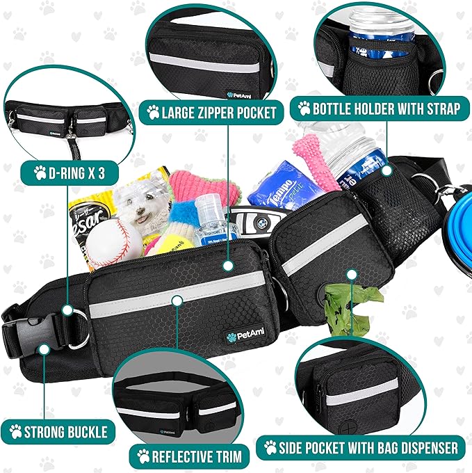 PetAmi Hands Free Dog Leash, Dog Running Leash Belt Bag for Walking, Jogging, Dog Waist Double Zipper Pouch with Poop Bag Dispenser, Dual Padded Handles Reflective Bungee Leash, Single (Black)
