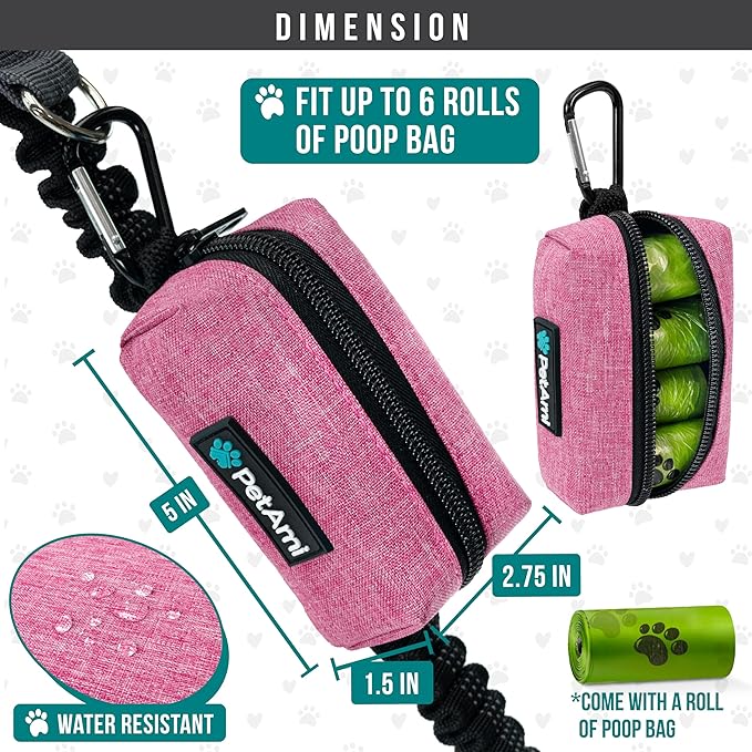 PetAmi Dog Poop Bag Holder for Leash Attachment, Doggie Zipper Pouch Soft Fabric Poop Bag Carrier, Dog Pet Waste Bag Dispenser with Carabiner Clip, 1 Roll of Dog Trash Bag (Pink, 1 Pack)
