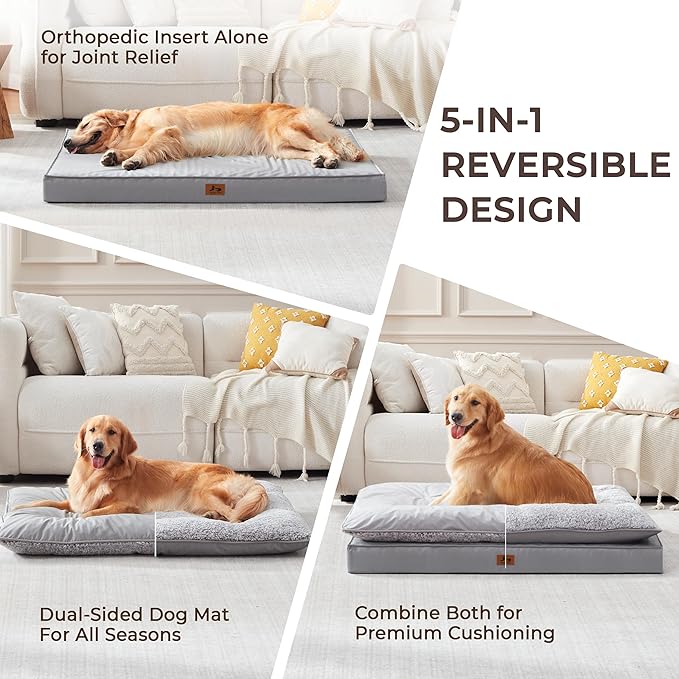Orthopedic Dog Bed for Ctrate, Waterproof PillowTop Pet Bed for Medium Large Size Dogs, Egg-Crate Foam Dog Crate Mat with Removable Washable Cover, 2-Layers Kennel Pad 47"L x 39"W, Light Grey