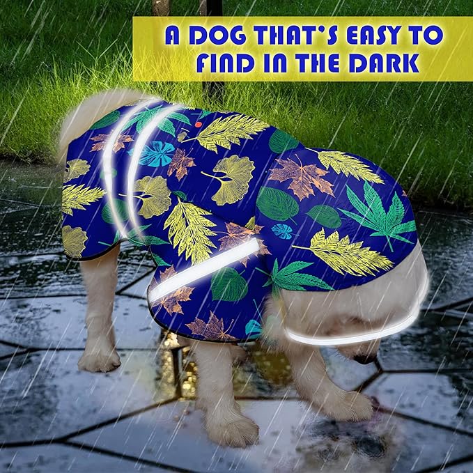Dog Raincoat, Adjustable Rain Jacket with Hooded Double Layer for Large Medium Small Dogs Puppies, Lightweight Waterproof Rain Coat Poncho with Reflective Stripe Leaf Blue,XXL