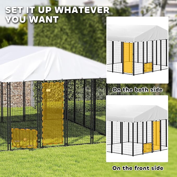 PawHut 10' x 10' x 6.8' Outdoor Dog Kennel, Welded Wire Dog Kennel Outside Run with 360° Rotating & 4 Level Adjustable Bowls, Waterproof & UV Resistant Cover, for S&M&L Breeds, Chickens, Ducks, Silver