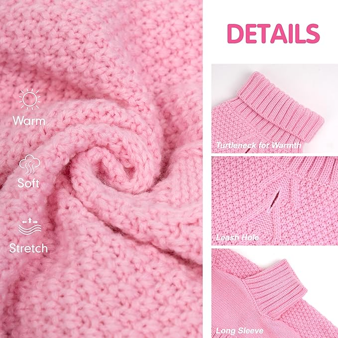 cyeollo Small Dog Sweater with Leash Hole Warm Turtleneck Knitwear Dog Clothes Puppy Sweaters for Small Dogs,Pink, S