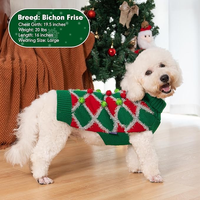 cyeollo Dog Christmas Sweater Turtleneck Dog Sweaters for largeDogs Girl Xmas largeDog Sweater Knitted Pullover Pet Clothes Soft Holiday Outfit, Green Large
