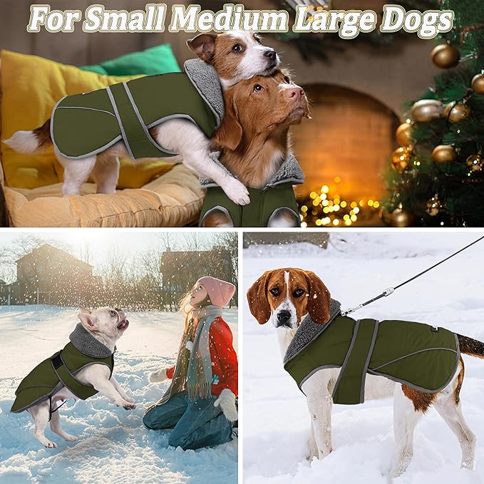 Dogcheer Dog Coat, Waterproof Dog Jacket Reflective Pet Winter Coat with Adjustable Hook & Loop, Christmas Puppy Fleece Jacket Warm Turtleneck Snowsuit for Small Medium Large Dogs - Green, S