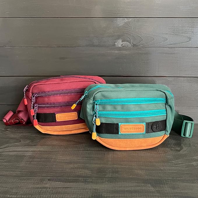 Wilderdog Utility Fanny Pack stores Treats, Balls, Keys in 3 Pockets with adjustable strap and Poop Bag dispenser (Huckleberry)