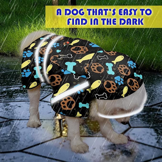 Dog Raincoat, Adjustable Rain Jacket with Hooded Double Layer for Large Medium Small Dogs Puppies, Lightweight Waterproof Rain Coat Poncho with Reflective Stripe Paw Print Black,M