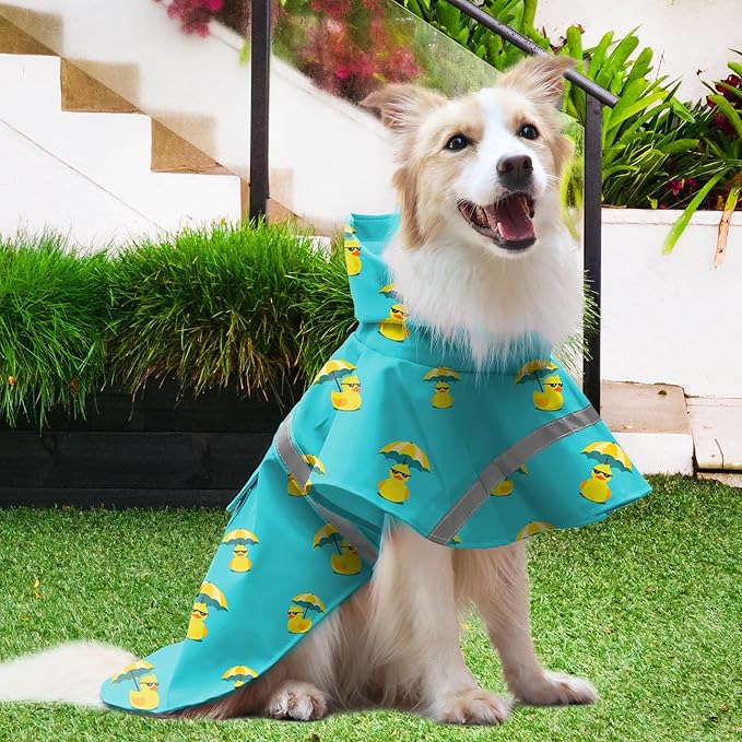 NACOCO Large Dog Raincoat Adjustable - Pet Rubber Ducks Yellow Water Proof Clothes Lightweight Rain Jacket Poncho Hoodies with Strip Reflective Pink (Lake Green L, Sunglass Duck)