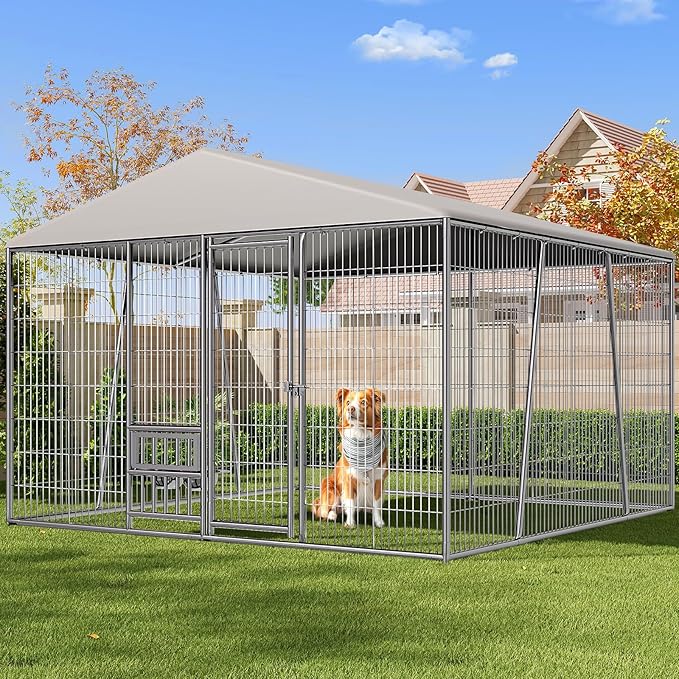10 x 10 x 7FT Large Outdoor Dog Kennel with Large Feeding Bowls, Dog Kennel Outside with Roof, Galvanized Heavy Duty Chain Link Outdoor Dog Run Cage with Cover and Secure Lock